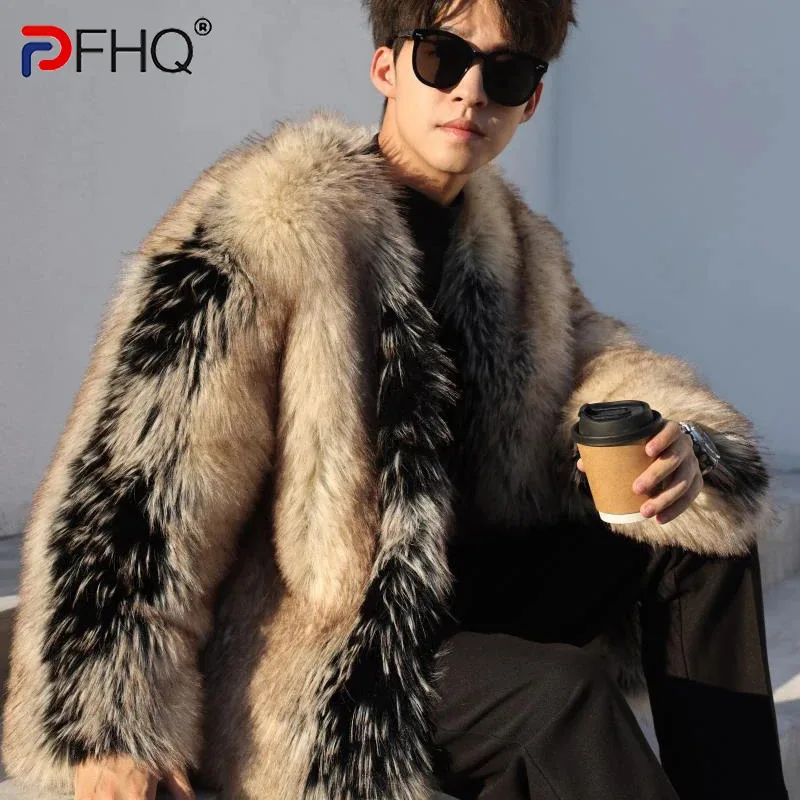 PFHQ Men Imitation Fur Coat 2024 Long Sleeve Autumn Winter Tie Dye Contrast Color Male Tops Warm Korea Fashion 21Z5558