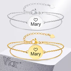 Vnox Free Engraving Bracelet For Women,Stainless Steel Circular Double-layer Chain Stacking Bracelet,Customized Charm Jewelry