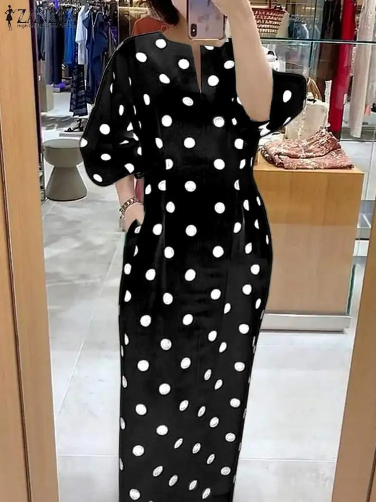 ZANZEA Elegancka damska sukienka z nadrukiem w kropki 2024 Summer Slim 3/4 Sleeve Vestidos Fashion V-Neck Party Midi Robe Office Pocket Dresses