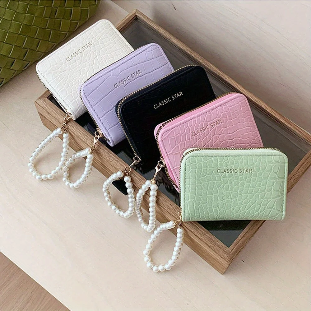

Модный ручной кошелек с жемчужной подвеской, крокодиловый узор, жемчужная цепочка, кошелек для монет, минималистичный однотонный аккордеон, сумка для карт