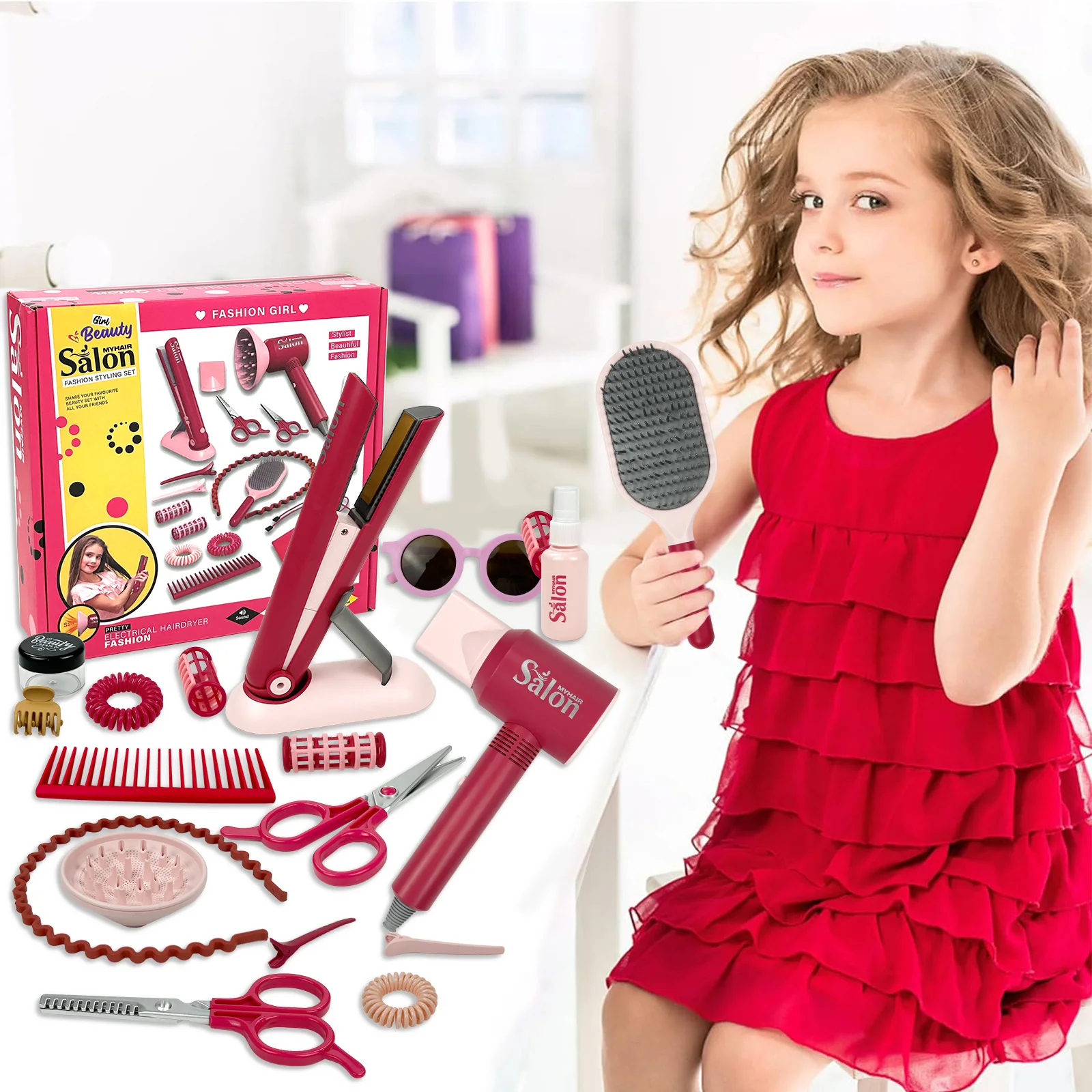 

Girls Beauty Hair Salon Toy Kit Play Makeup Set with Blow Dryer Barber Costume Apron for 3+ Years Old Girl Birthday Gifts