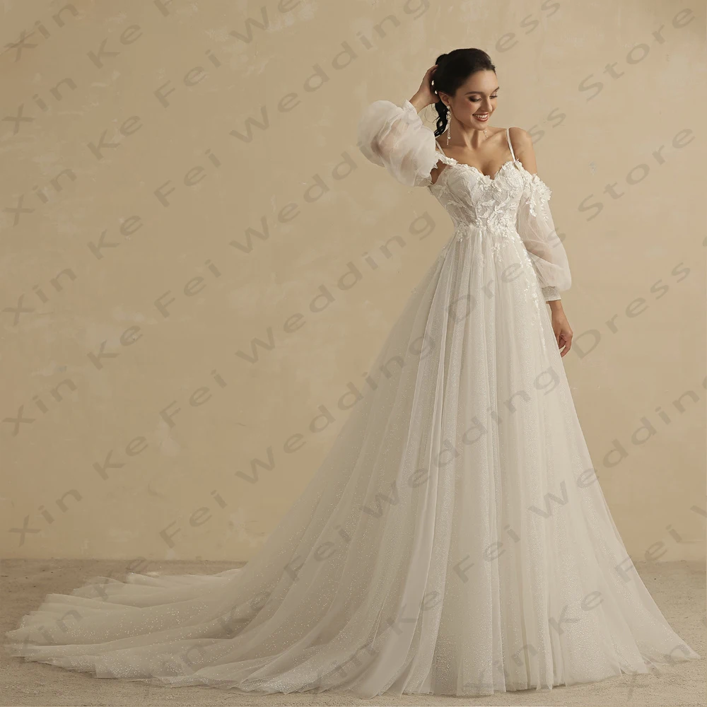 Ivory-Vestidos De novia elegantes para mujer, Apliques De encaje De princesa De línea A, Mangas De linterna desmontables, Vestidos De novia