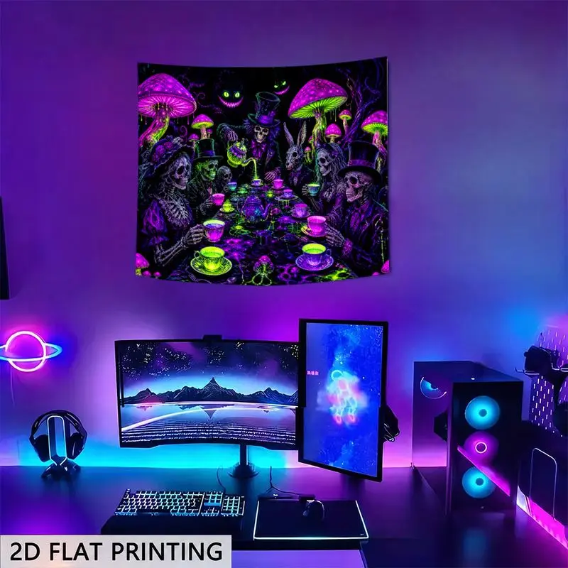 VIKAMA UV Blacklight Skeleton Tea Party Tapestry Purple Neon Mushroom Cat Wall Hanging Gothic Psychedelic Dorm Room Decor