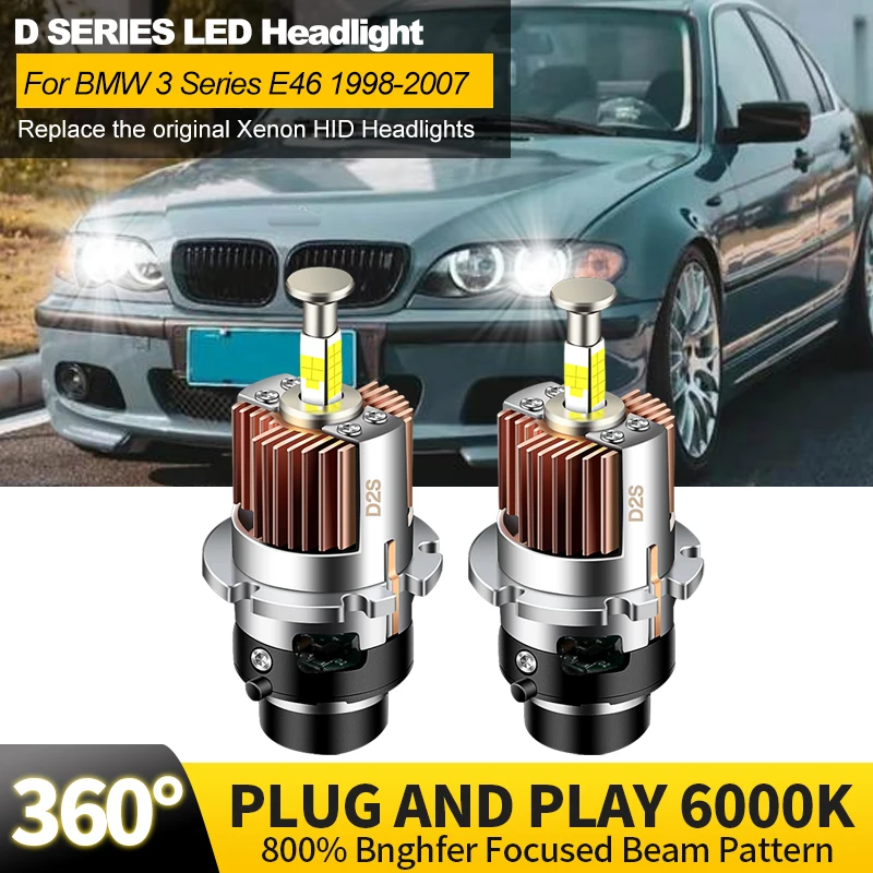 2PCS For BMW 3 Series E46 1998-2007 Xenon HID LED Headlights Bulb Replacement Low Beam Canbus 32000LM 360 6000K Plug&Play