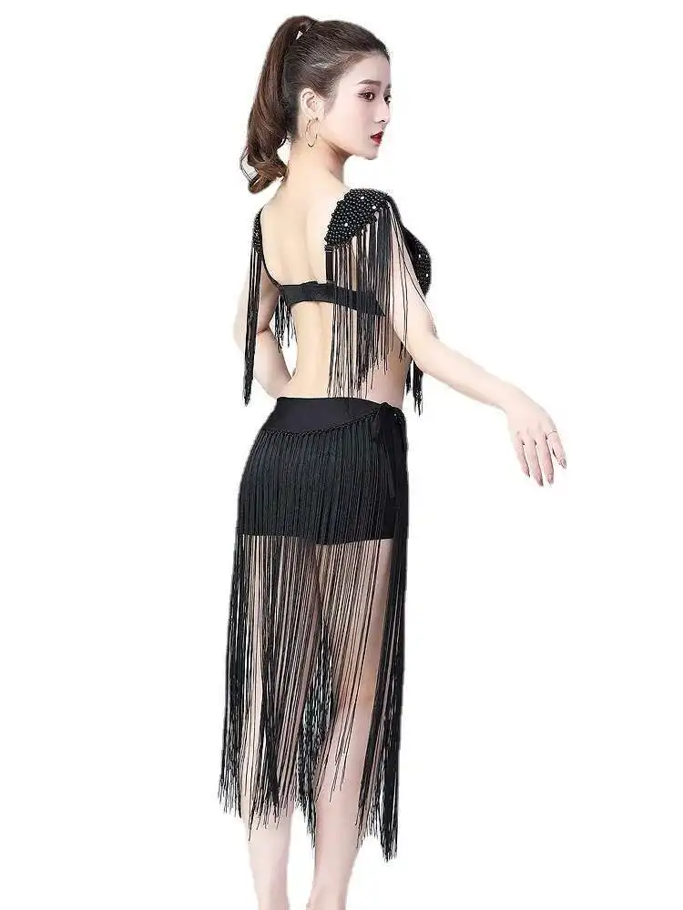 Nieuwe Kwastje Stage Performance Pak Kralen Beha Latindance Pak Halloween Cosplay Kostuum Buikdans Pak