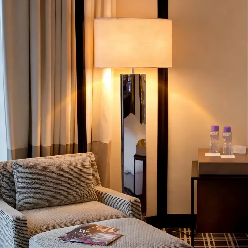 Modern Mirror Stainless Steel Floor Lamp with Fabric Shade | Chrome Standing Light for Hotel, Living Room & Lobby