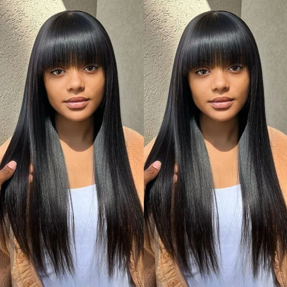 200 Density Natural Bangs Full Bone Straight Bang Fringe Wig Human Hair Quality 30 40 Inch Brazilian Bob Wig For Women Choice