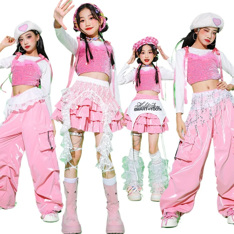 

Комплекты одежды для девочек в стиле K-pop: укороченный топ с пайетками, юбки, брюки карго для уличных танцев, детская одежда в стиле хип-хоп, милый уличный стиль, джазовые наряды для девочек-групп