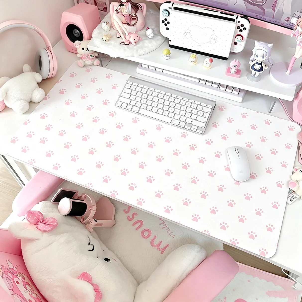 Full Screen Pink Kitten Paw Puppy Y2K Girl Leather Desk Pad Protector Mouse Pad Office Desk Mat Non-Slip PU Desk Blotter Pad