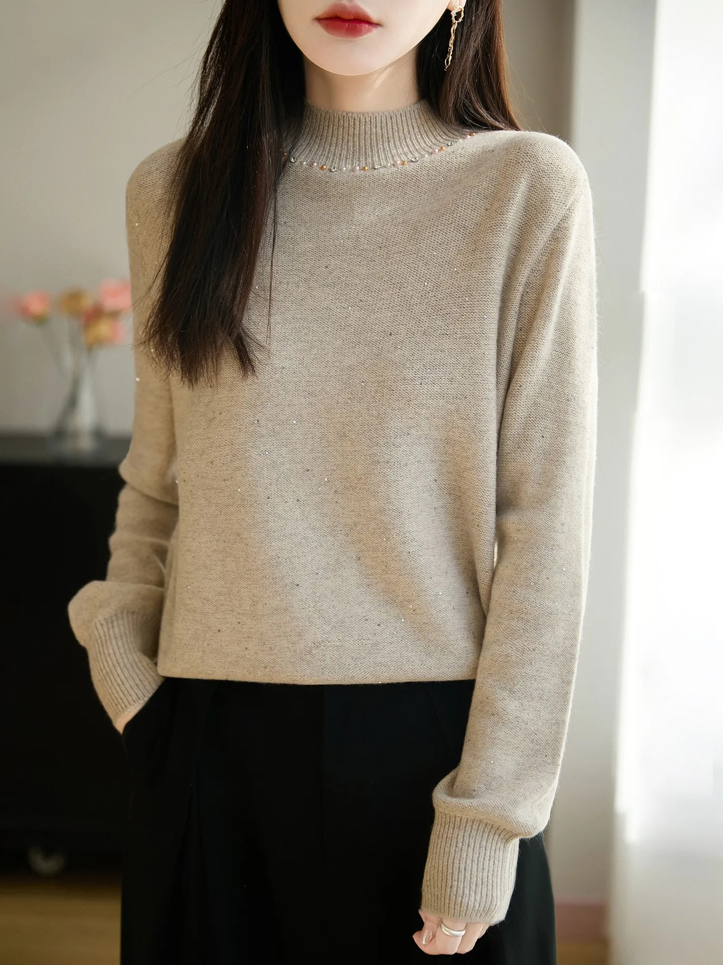 High-End Sequin Knitted Sweater Women's Autumn Winter Thi Warm Base Layer Casual Sle Long Sve f High round Ne