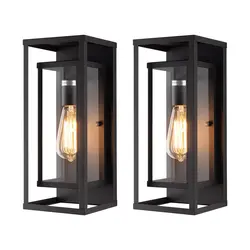 2 Pack Glass Wall Sconce Outdoor in Matte Black, Waterproof Porch Light with Rectangular Metal Frame and Clear Glass Shade