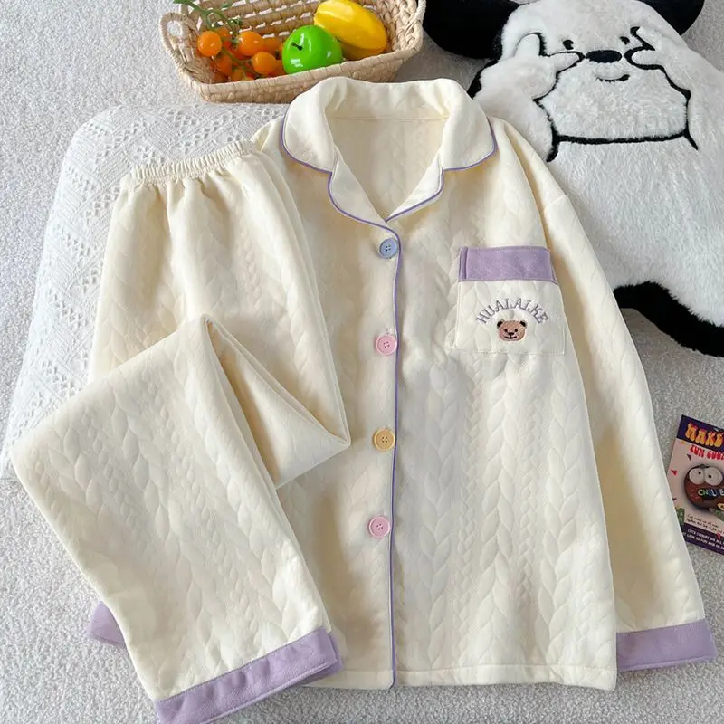 

Korean Style Sweet Girl Cotton Sleepwear Women's Autumn Winter Thick Long Sleeve Air Cotton Home Clothes Set for Outdoor
