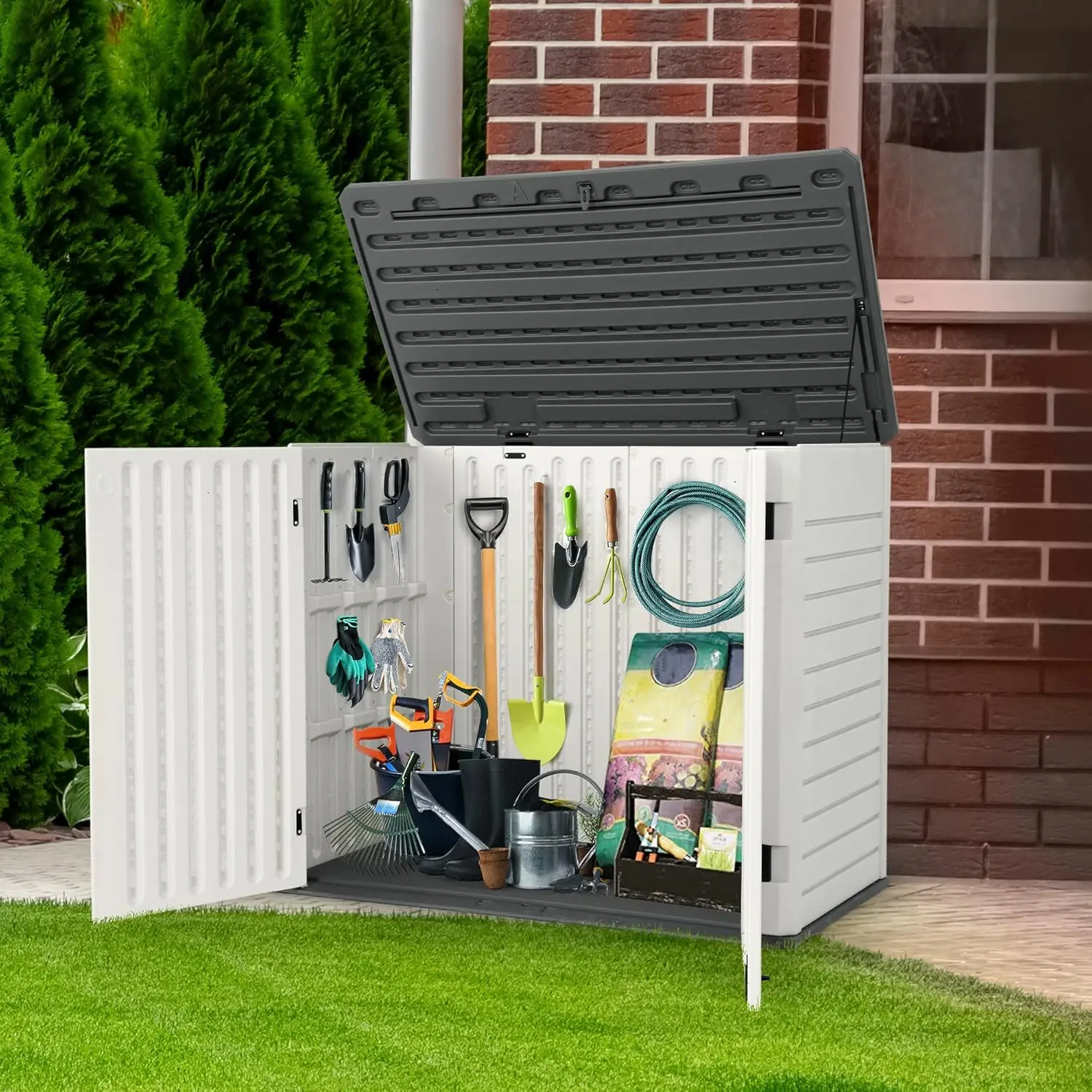 Outdoor Resin Storage Sheds 39 in Height Lockable Waterproof Horizontal Shed W/o Shelf Light Gray Garden Tools