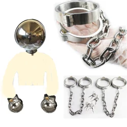 Lockable Slave Handcuffs Ankle Cuffs Collar Stainless Steel Detachable Buckle Chain Ball Helmet Stifle Restraint BDSM Sex Toy