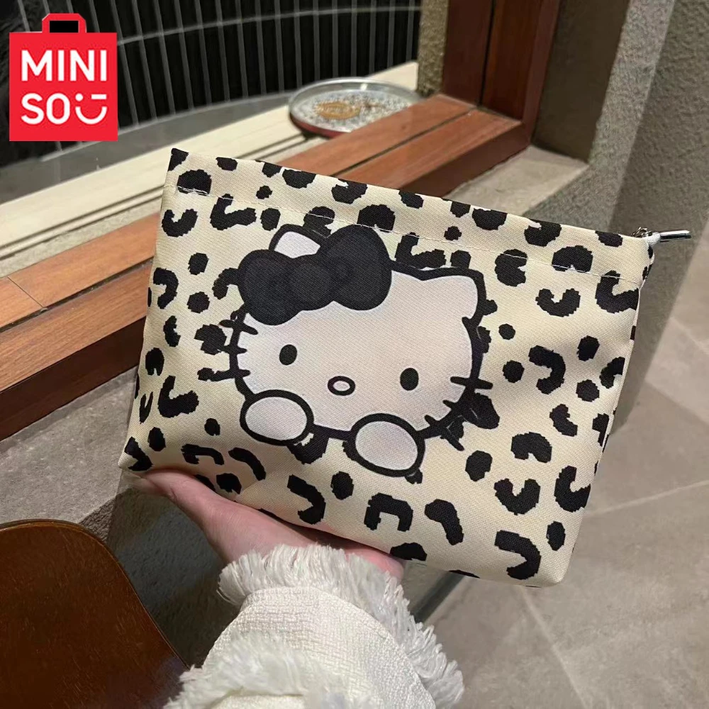 Vintage leopardo impressão olá kitty saco de maquiagem armazenamento portátil dos desenhos animados bonito kawaii japonês olá kitty saco de armazenamento presente aniversário