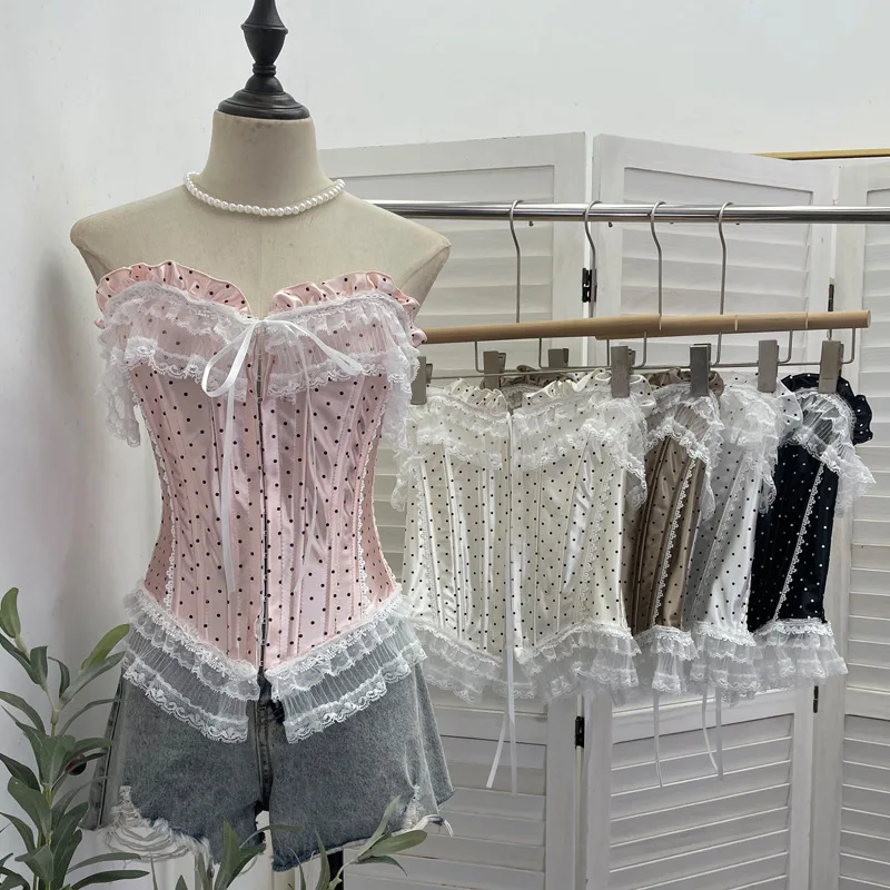 Vintage Polka Dot Lace Trim Bandeau Corset Bustier Sexy Short Crop Top with Hook Closure for Night Out Chic Clubwear  2825
