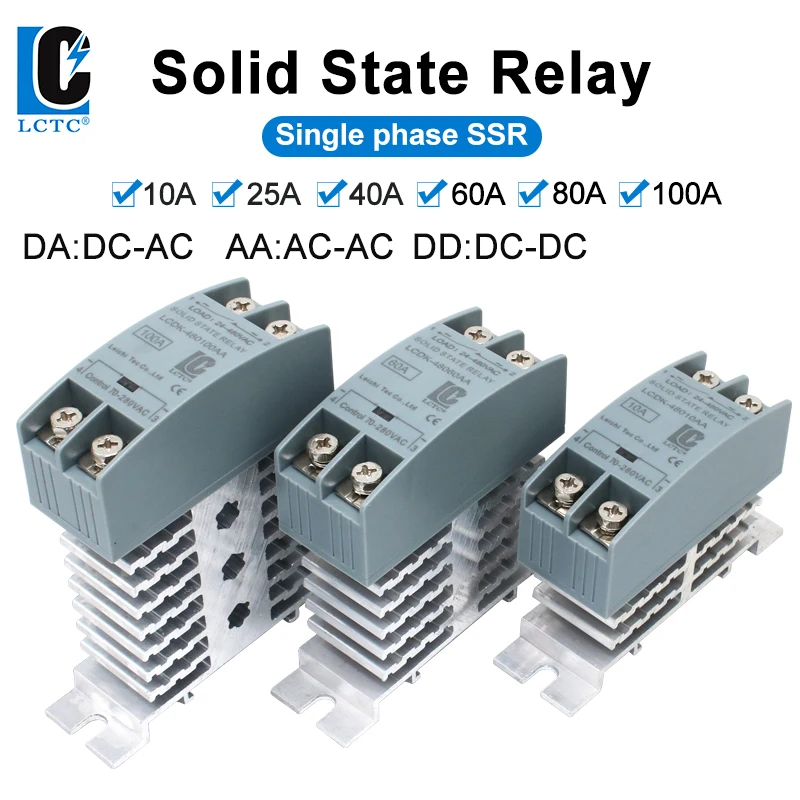 Przekaźnik półprzewodnikowy SSR Przekaźnik na szynę DIN z radiatorem 10A 25A 40A 60A 80A 100A 120A DC - AC DC - DC AC - AC Sterowanie jednofazowe