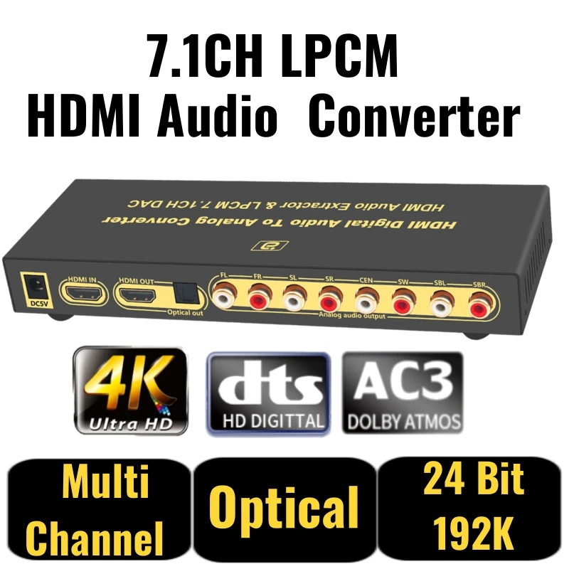 4K HD-MI Audio Extractor 7.1CH LPCM Multi Channel DAC RAC Digital to Analog Converter for Amplifier/Speakers/Smart TV