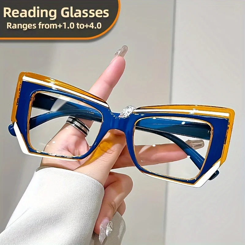 Vintage Cat Eye Oversized Reading Glasses With Geometric Frame,  1.0~ 4.0 Magnification, Clear PC Lens