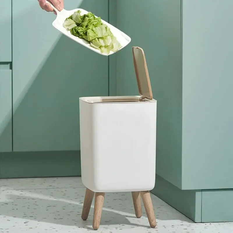 Waste Bins with Lid Press Dustbin for Living Room Toilet Bathroom Kitchen Garbage Bucket High Foot Imitation Wood Trash Can