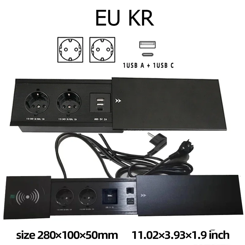 Table Hidden Socket Embedded 2 3 Outlets with 2 USB RJ45 CAT6 Wireless Charge EU KR Multi Plug 10A 110~250V 2600W Black Socket