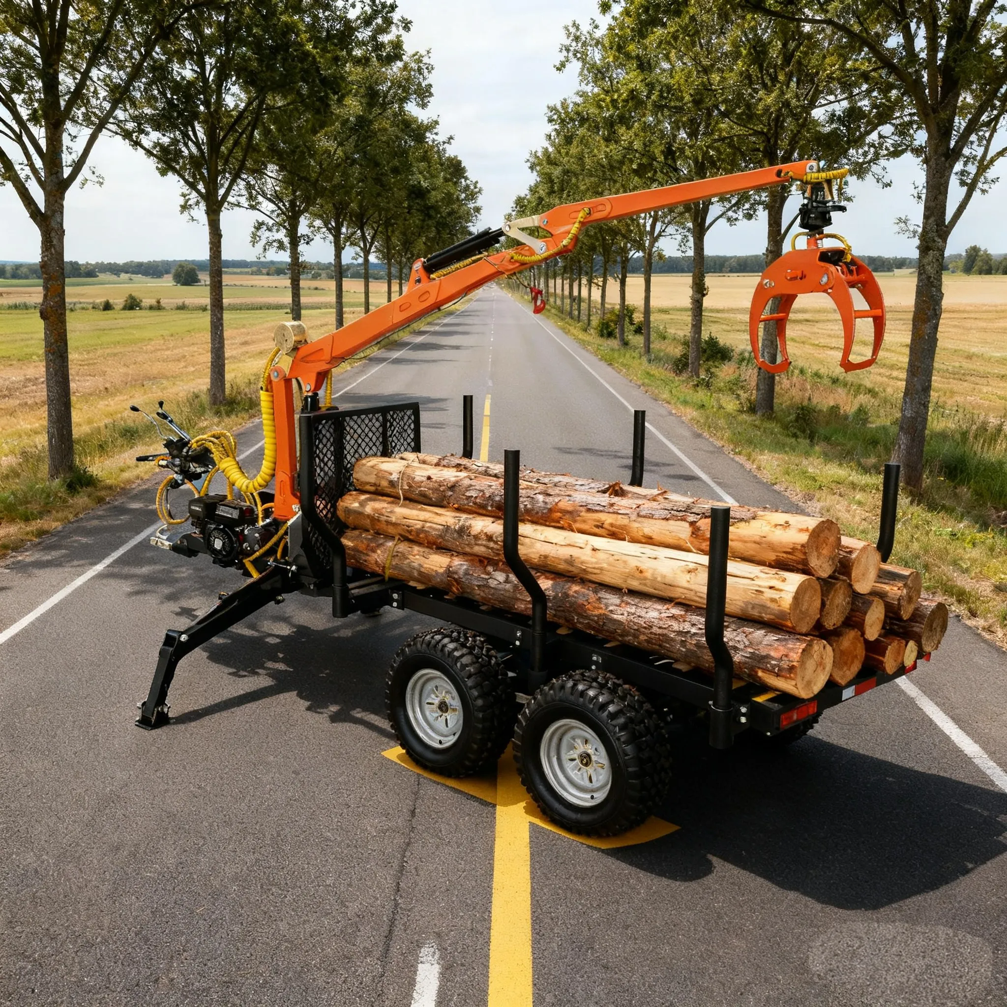 Forest Log Trailer With Hydraulic 360 Rotate Wood Grapple Crane Forestry Machine Wood Trailer