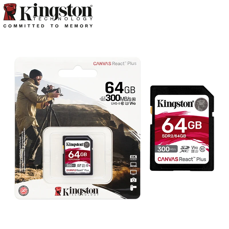 Kingston Canvas React Plus SD Card 32GB 64GB 128GB 256GB Memory Card Up to 300MB/s read V90 UHS-II Flash Card for 4K/8K Camera