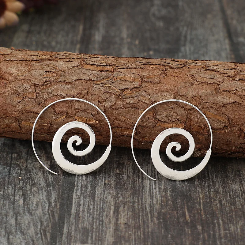 Vintage Minimal Design Silver Color Metal Geometry Circled Spiral Dangle Earrings for Women Party Ethnic Jewelry