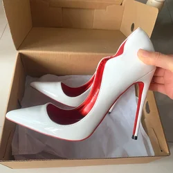 Women Sexy 12cm Pumps Stilettos Glossy Patent Red White Side V Cut High Heels Pointed Toe Wedding Curl Cut Black Dress Shoes