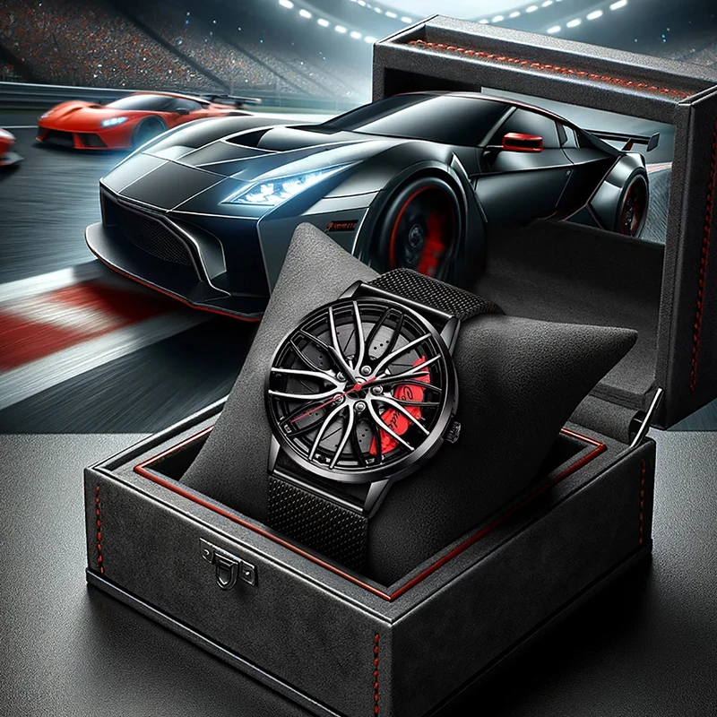 黒と赤のトレンディでスタイリッシュ、そして実用的なメンズクォーツ時計。黒のメッシュバンドが付いています。