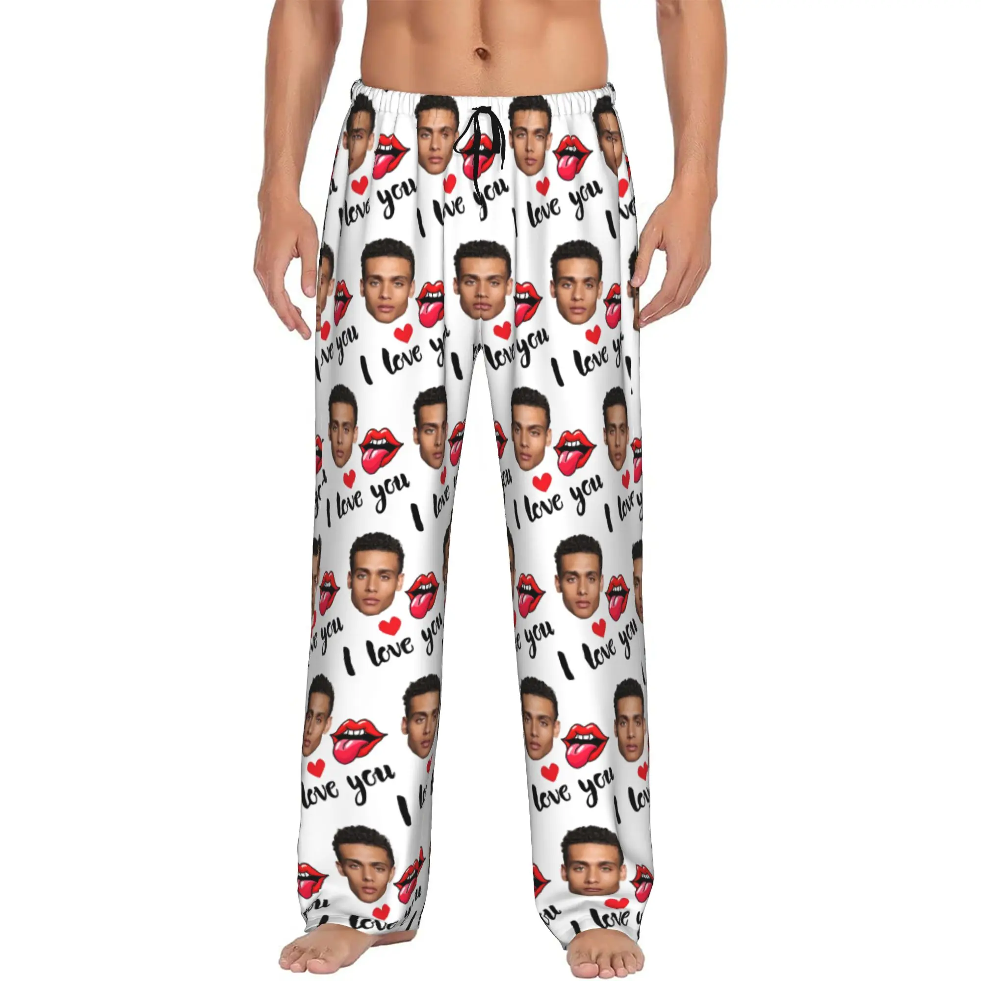 Custom Men Personalized Face Photo I Love YOU Pajama Pants Printed Sleep Sleepwear Bottoms with Pockets