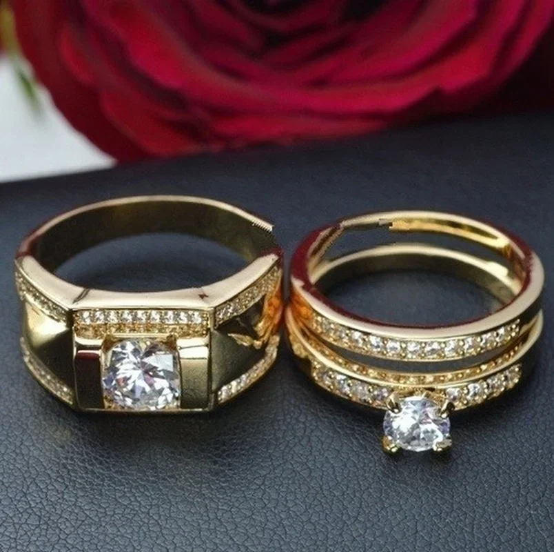 2024 new 1pcs Luxury Women Ring Metal Carving Gold Color Inlaid Zircon Stones Couple Ring Bridal Engagement Wedding Jewelry