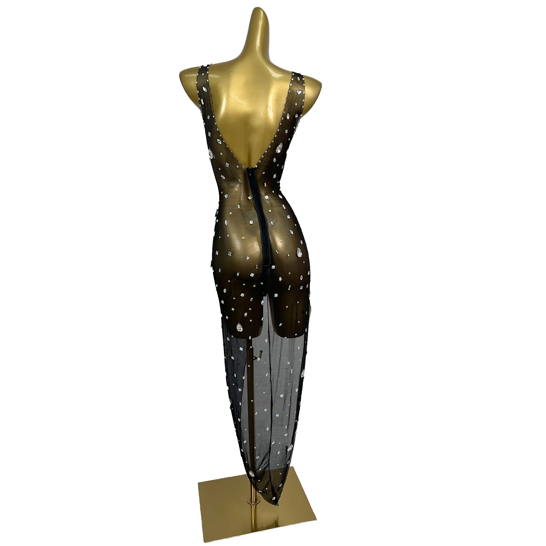 فستان Duyixiang أنيق للنساء بحمالات فضي وحجر الراين مثير شفاف من خلال فستان شبكي غير منتظم فستان أداء المسرح #2