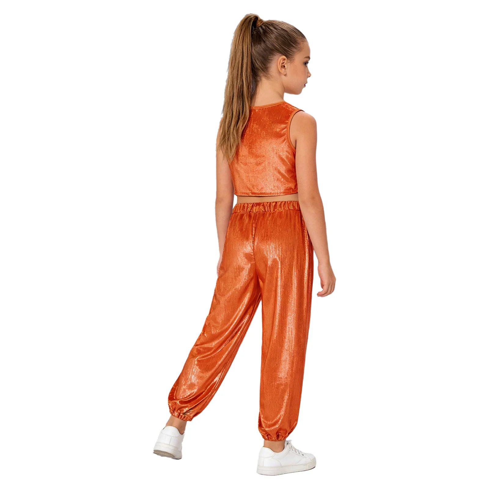Kinder Mädchen Hip-Hop-Cheerleading-Auftritts-Kostüm Jazz-Tanz-Outfit Metallisch Geripptes Tanz-Outfit Ärmellose Weste mit Hose – Detail 5