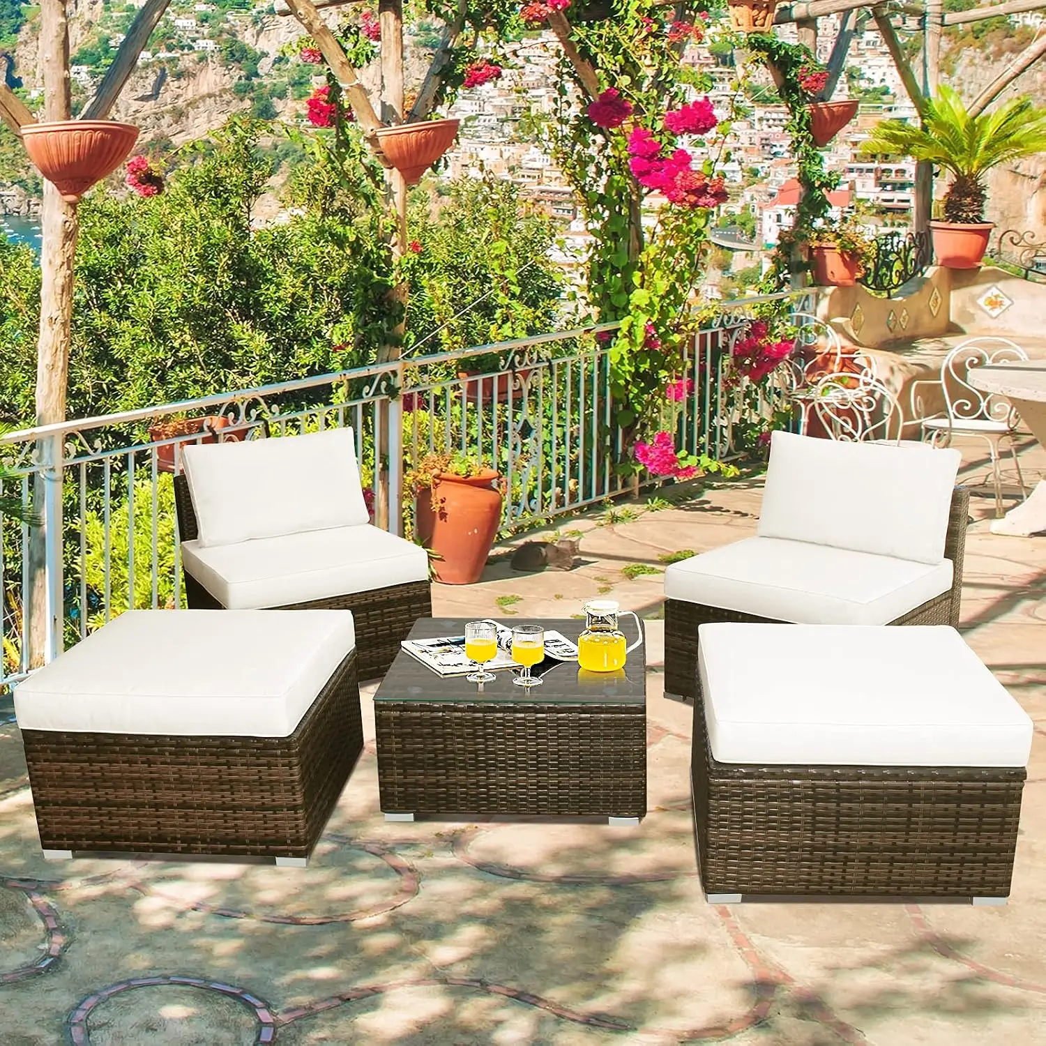 5 Piece Wicker Patio Lounge Set with Washable Cushions, Outdoor Furniture, Off White, Customized