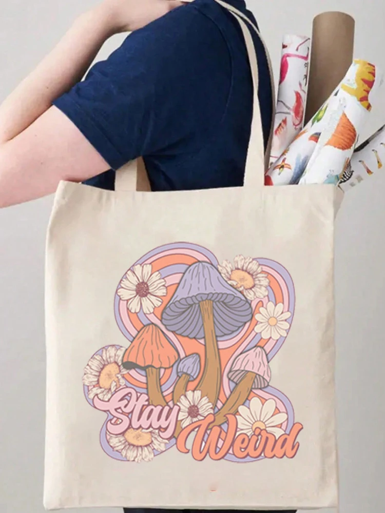 1pcs Women Shopping Bag with Mushroom Print Canvas Tote Reusable Shopper Bags Student Book Bag Luggage Bag Reusable Shoulder Bag