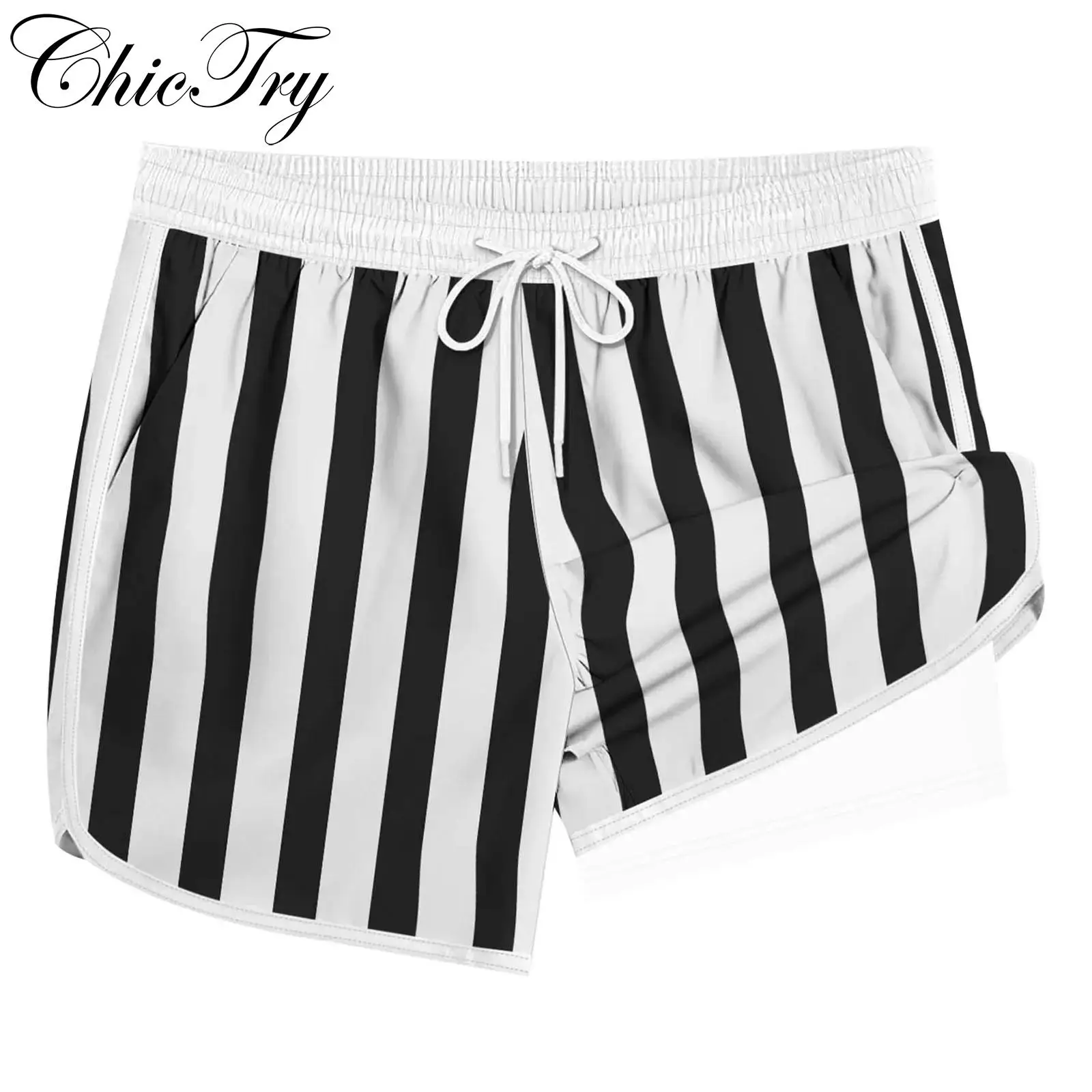 

Мужские шорты-боксеры для плавания с эластичным поясом и завязками 2 в 1, шорты для плавания, двухслойные пляжные купальники, пляжная одежда, повседневные шорты