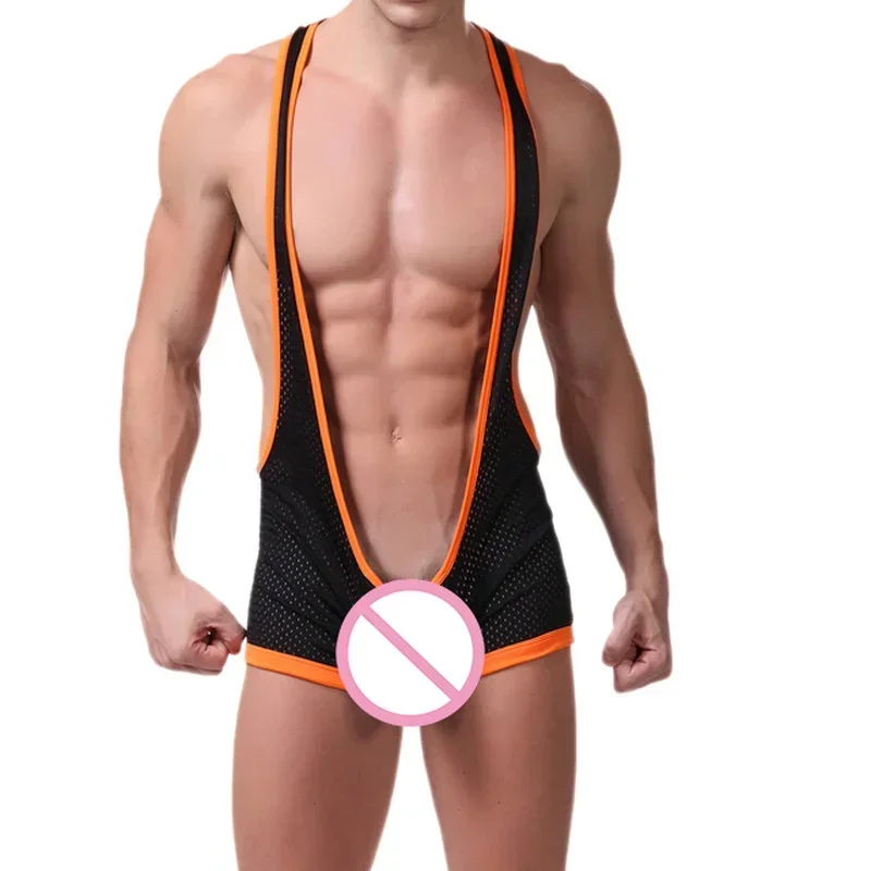 Mens Undershirts Mesh Backless Bodysuit Wrestling Singlet Leotard Male See Through One-Piece Jumpsuit Sexy Jockstrap Underwear