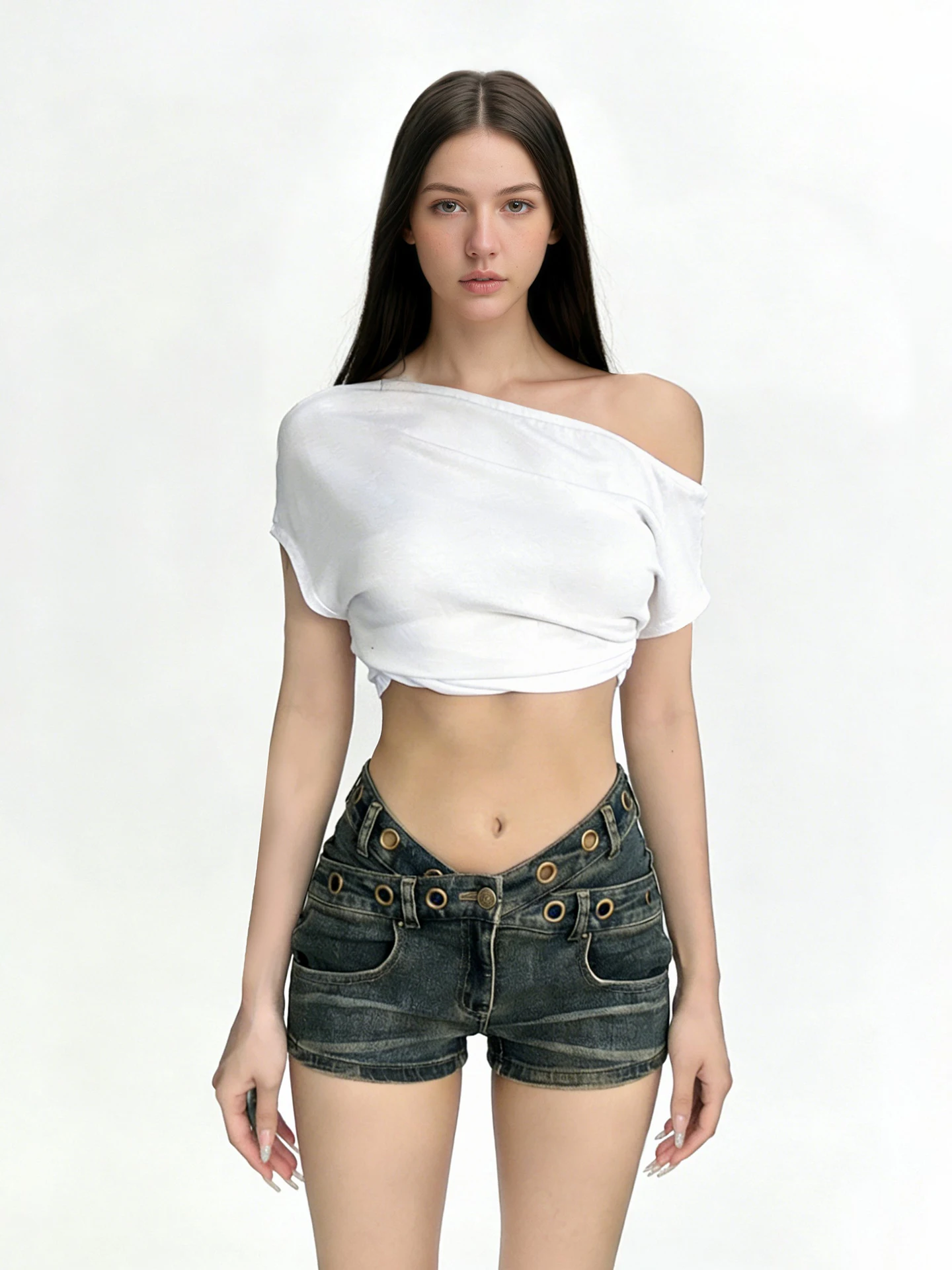 

Low Waist Blue Denim Shorts with Chicken Eye Buckle Funoff American Street Style Distressed Slimming Hot Pants for Summer
