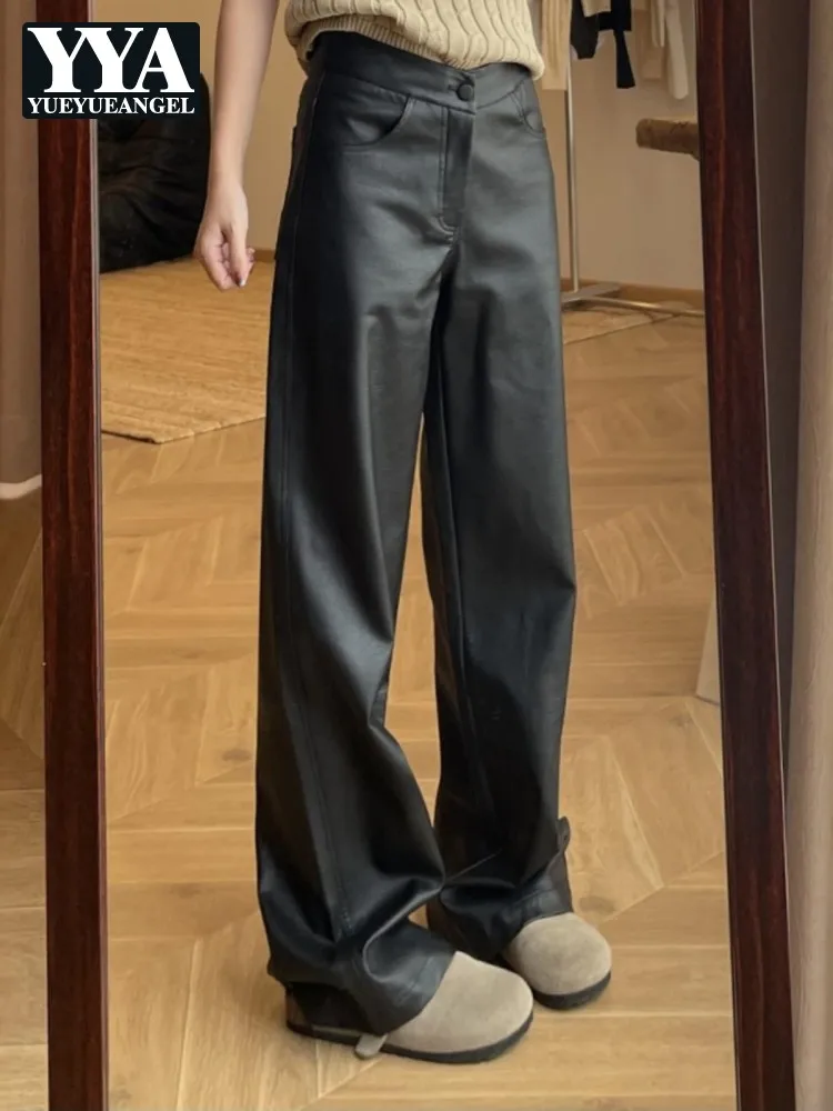 2025 vendita calda moda donna pantaloni in ecopelle vita alta slim fit dritto pantaloni a gamba larga primavera autunno pantaloni casual da pavimento
