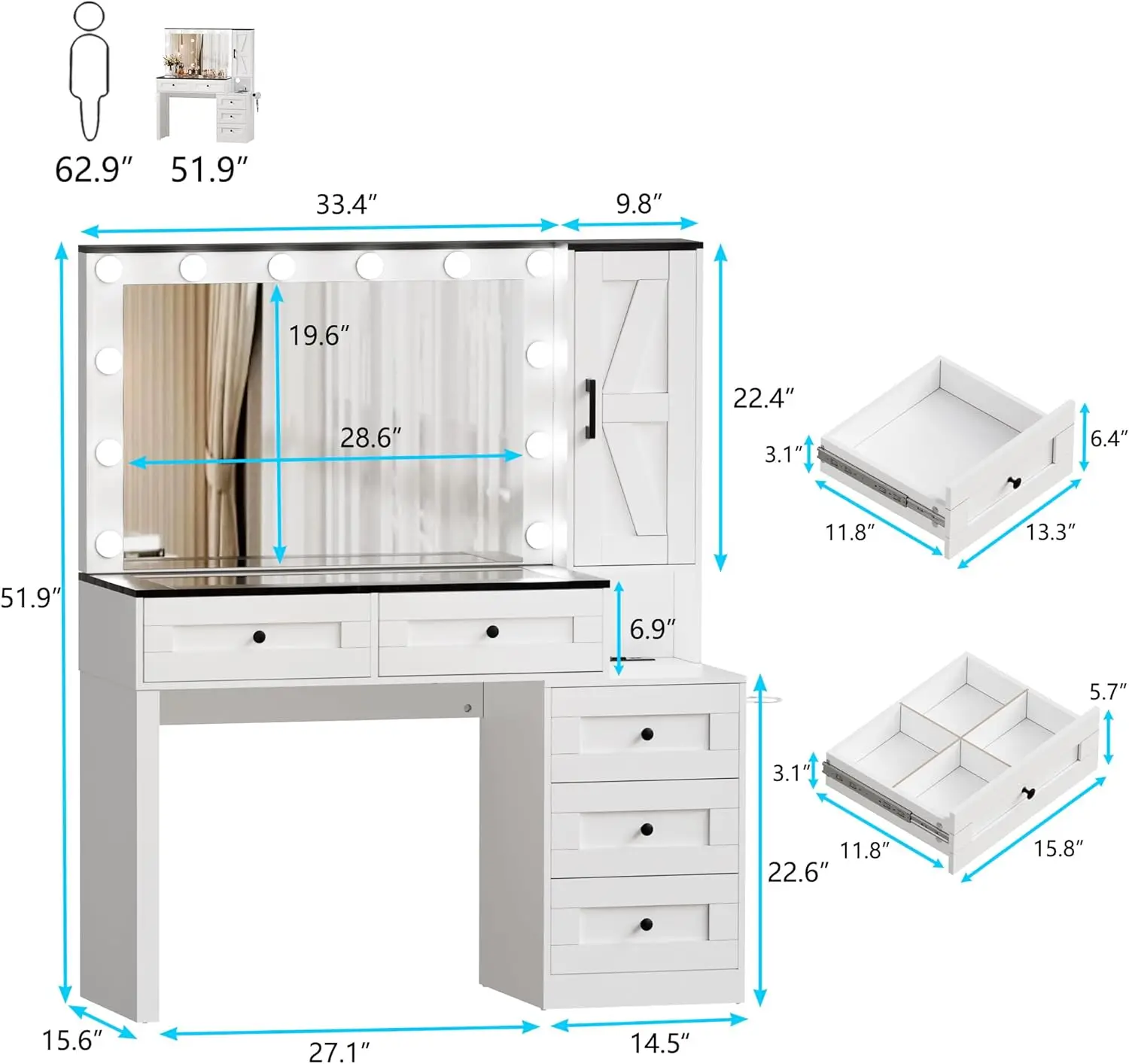 PAKASEPT Farmhouse Vanity Makeup Desk with Mirror and Lights, Glass Tabletop Vanity Desk with Drawers, Charging Station, Cabinet