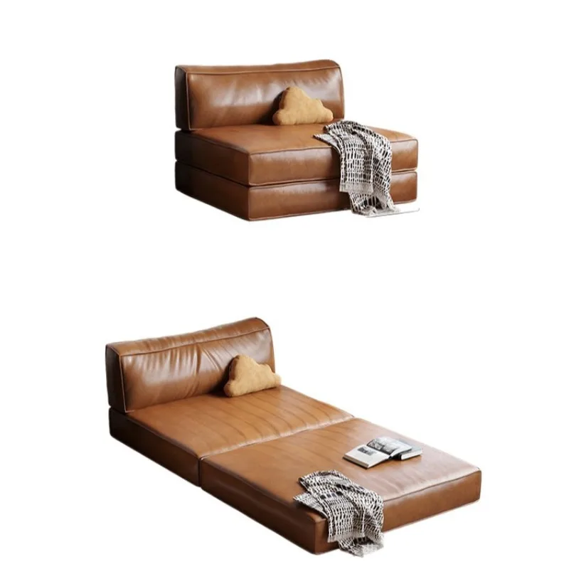2025 Chinese antique sofa bed folding dual-purpose oil wax leather tatami