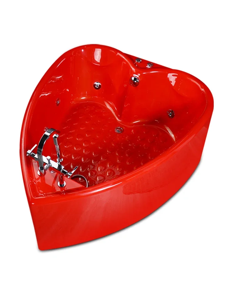 Heart shaped red twin bathtub, bubble surfing massage bathtub, adult fan-shaped constant temperature heating bathtub