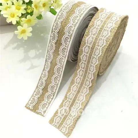 

Natural Jute Burlap Hessian 50mm Lvory White Lace Ribbon Roll 2M Vintage Wedding Decoration Party Crafts Gift Wrapping AA8057