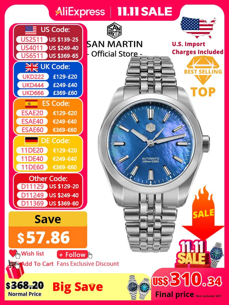 

San Martin 39mm MOP Dial Sport Gada Watch Luxury Dress Men Miyota 90S5 Automatic Mechanical Wristwatch Waterproof 100m SN0144