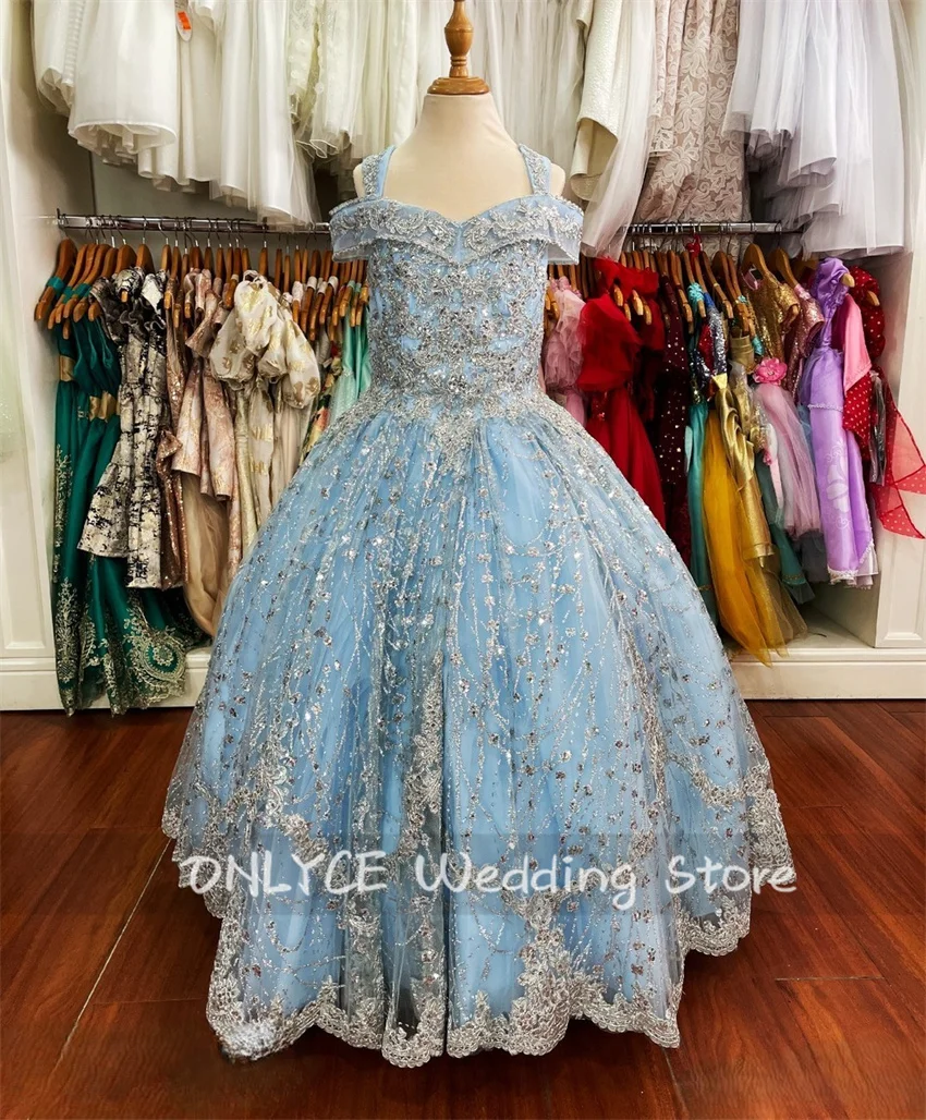 New Arrival Sky Blue 2024 Sparkly Flower Girls Dress Beads Sequins Lace Appliques Child Princess Gown For Birthday Party