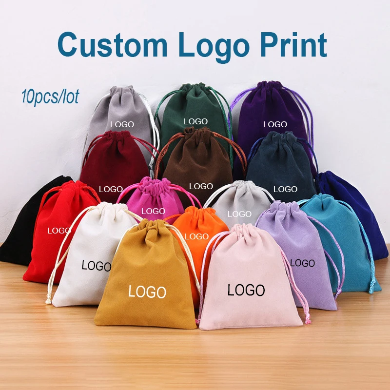 10pcs/lot Custom Logo Print Velvet Drawstring Pouch Soft Velvet Jewelry Storage Bag Pull‑String Jewelry Gift Packaging Bag