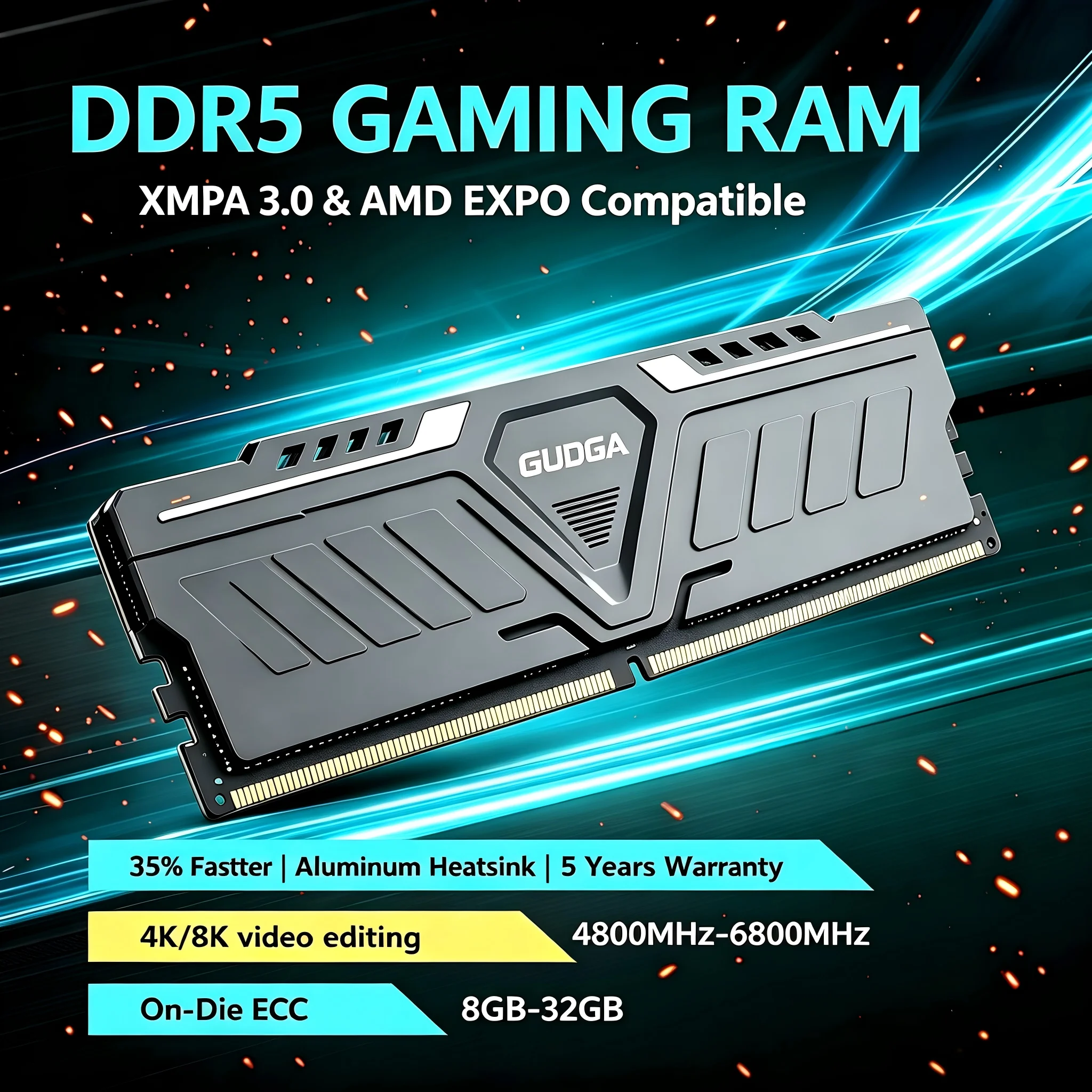GUDGA Memoria Ram DDR5 8GB/16GB/32GB 4800MHz 5600Mhz 6000Mhz 6400Mhz 6800Mhz CL34/38/46/40 Desktop Computer Dimm Memory