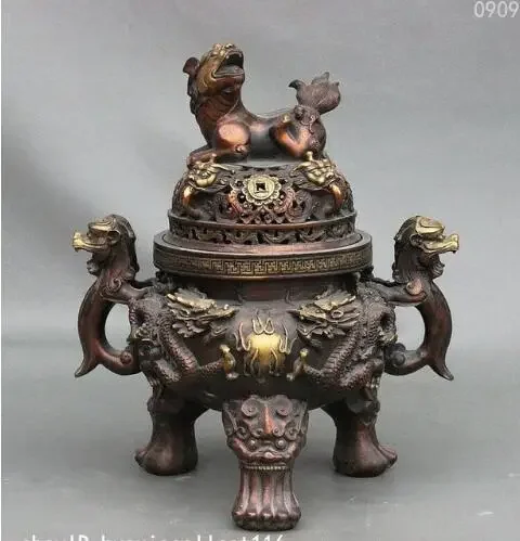 

15" Chinese Buddhism Pure Copper Bronze Dragon Lion Statue Incense Burner Cense