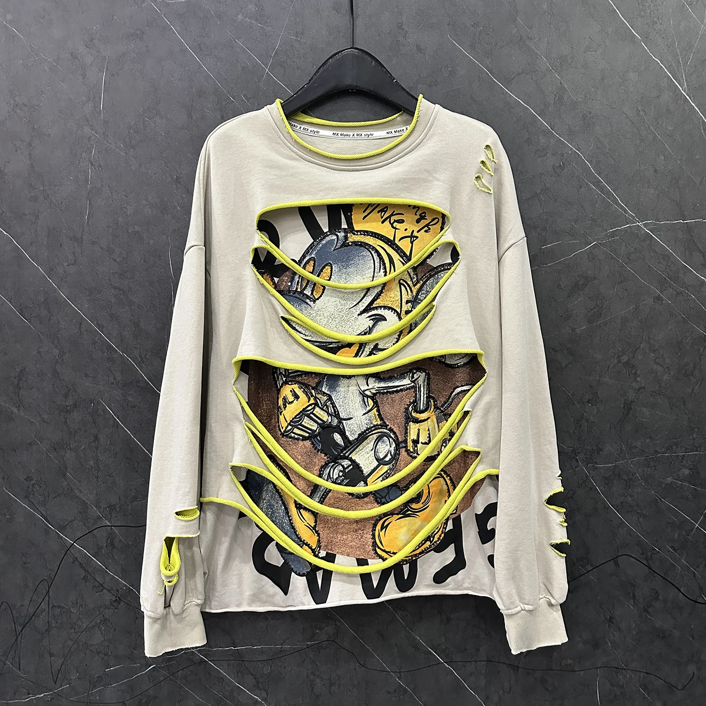 2025 Autumn New Distressed Fake Two-Piece Crew Neck Cartoon Sweatshirt for Women Loose Casual Fashion Printed Pullover Top